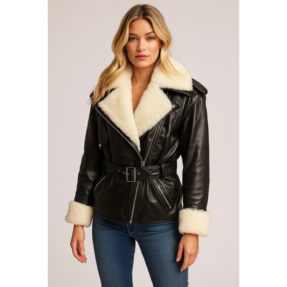 CUIR DU MONDE Black Leather and Sherpa Coat Jacket (moto style) Size Medium - Picture 1 of 8